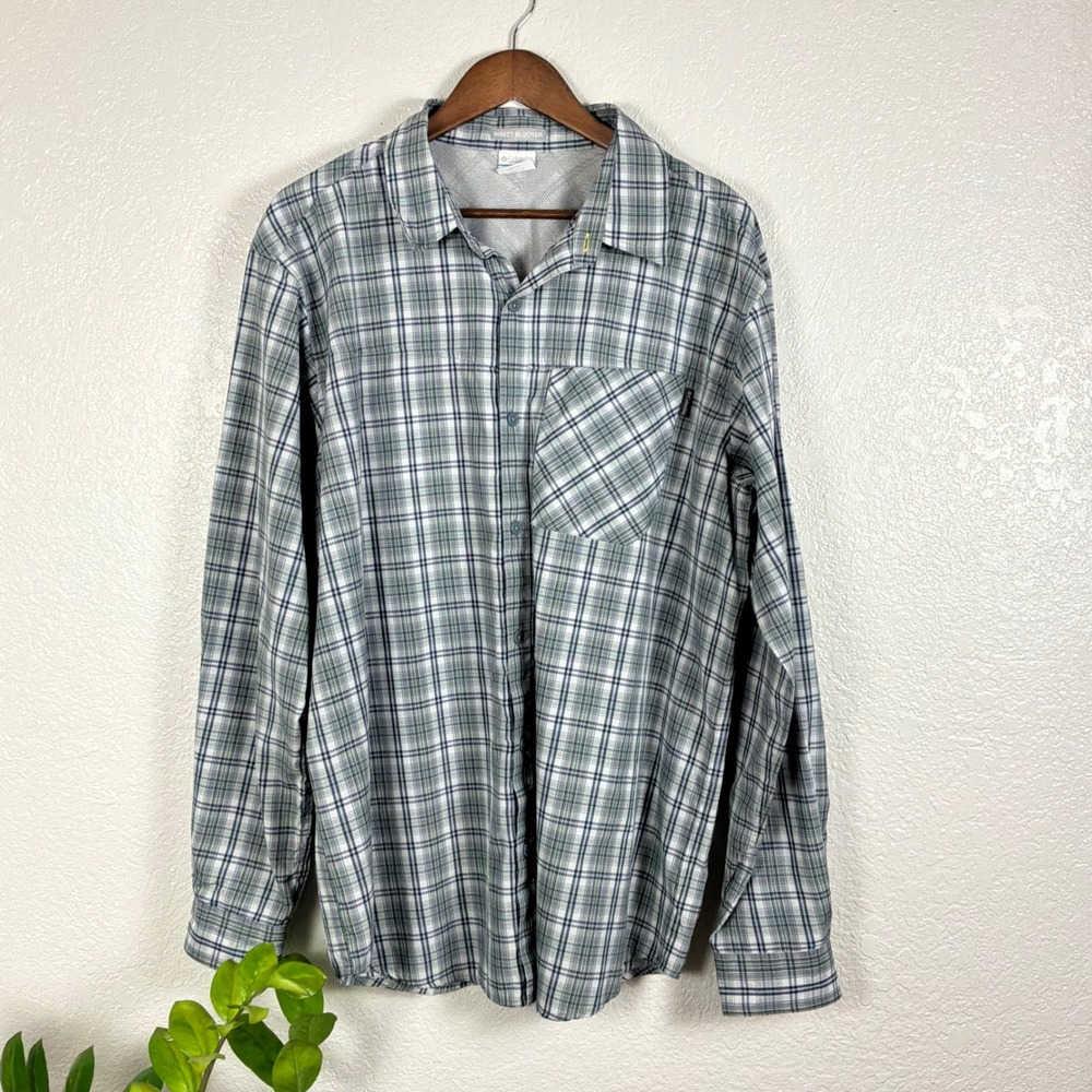 Columbia Insect Blocker Shirt Mens XL Gray Plaid Excellent Long Sleeve Hiking